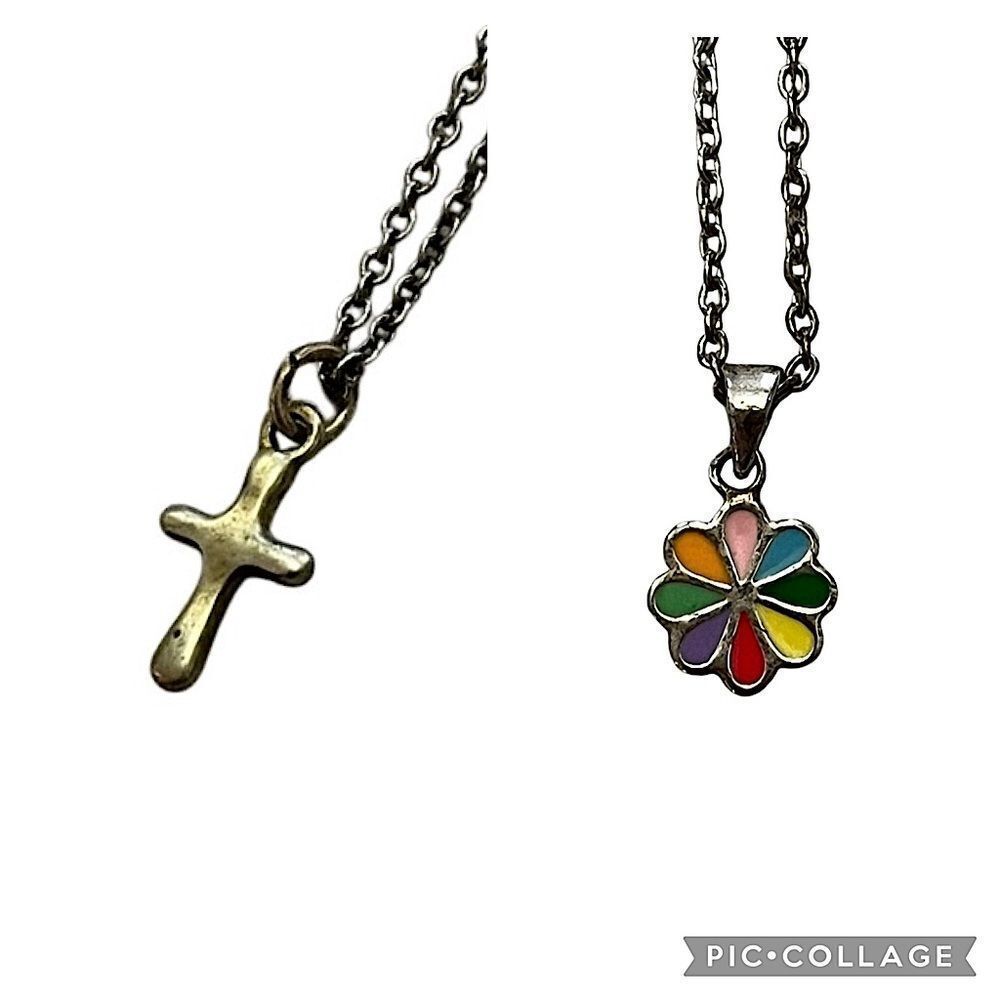 2 Sterling Silver Children’s Necklaces - Cross & Colorful Flower Pendants